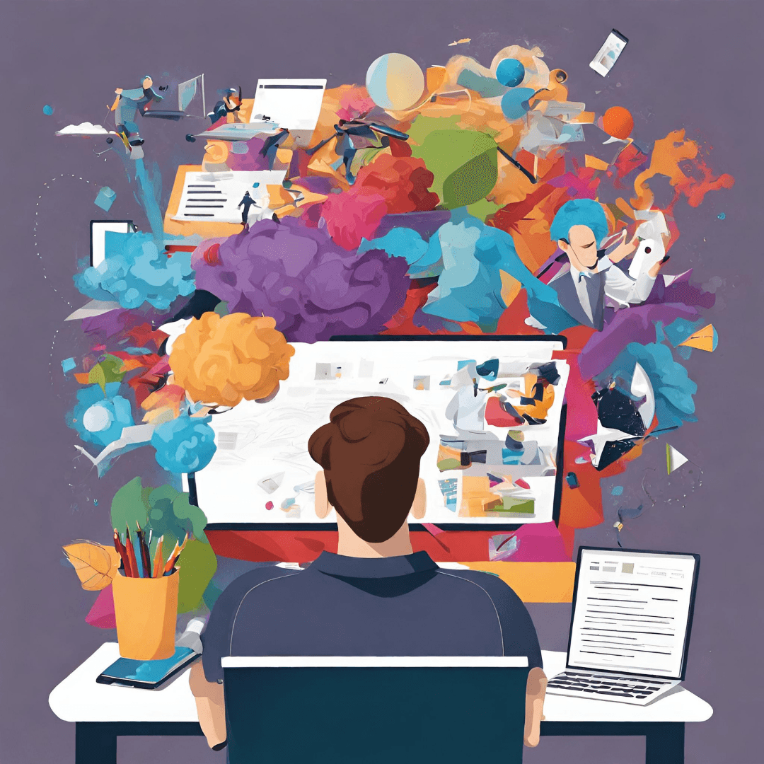 Developer at computer with creative thoughts